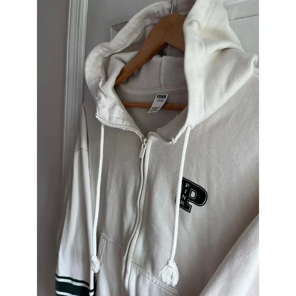 Victoria's Secret PINK Cream Green Velvet Stripe Full Zip Lounge Hoodie M | Y2k